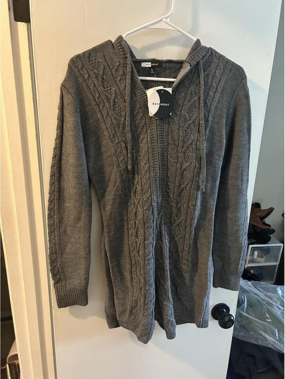 NWT Day and Night Gray cable knit sweater romper with hood size M